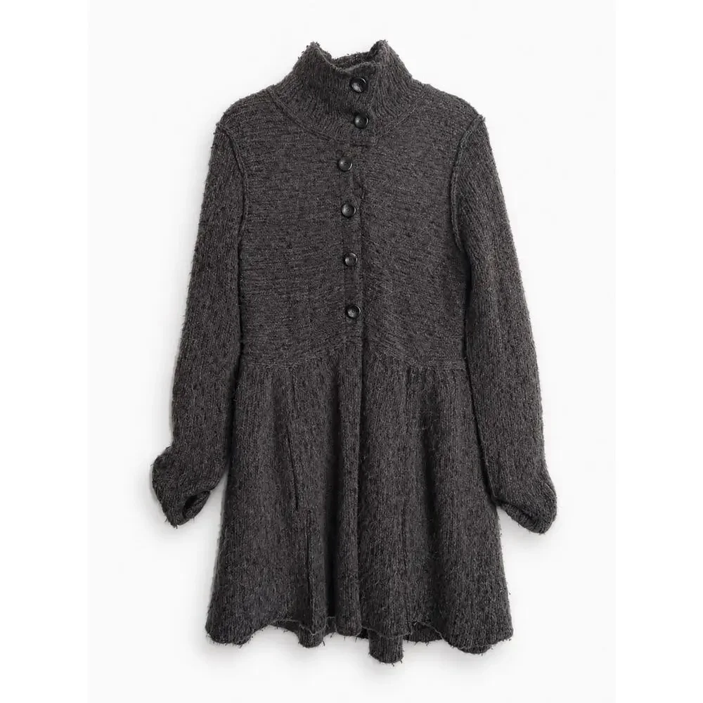 Free People Gray Chunky Wool Peplum Sweater Coat Button Front Sz Large